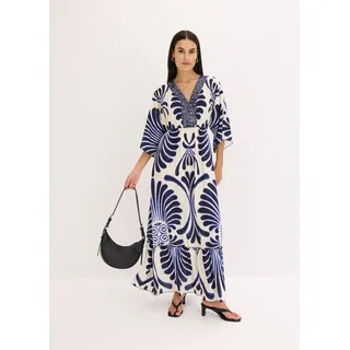 Maxikleid BONPRIX, Damen, Gr. 42, N-Gr, blau (dunkelblau, wollweiß bedruckt), Obermaterial: 100% Viskose, oversize, Kleider Maxikleid, für Frühling und Sommer, aus Viskose, Oversize Passform, mit Druck