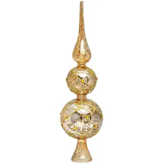 SIKORA SP4G große ausgefallene Christbaumspitze aus irisierendem Klar Glas mit Antik Gold Dekor