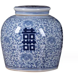 Ingwerglas Blaue Und Weiße Porzellan-dekorative Keramikknospenvase Double Happiness, Flache Oberseite Mit Deckel, Ingwerglas Tempelglas