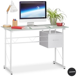 relaxdays Schreibtisch Schreibtisch Glas mit Schublade, Weiß weiß