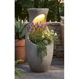 Arnusa Pflanzkübel Design Blumentopf mit LED Solarbeleuchtung 61 cm Betonoptik 7kg, Gartendekoration mit Licht grau Ø 27 cm x 27 cm x 61 cm x 27 cm