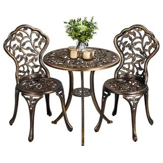 Yaheetech Balkonset 3er Gartenmöbel-Set, 2 Stühle & 1 Runder Tisch, Bistroset aus Aluminiumguss Gartengarnitur für 2 Personen goldfarben