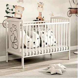 Kinderbett Babybett TIMMI – Ökologisch und aus Massivholz 3 fach höhenverstellbar inkl. Schaumstoffmatratze 60 x 120 cm Weiß - Weiß