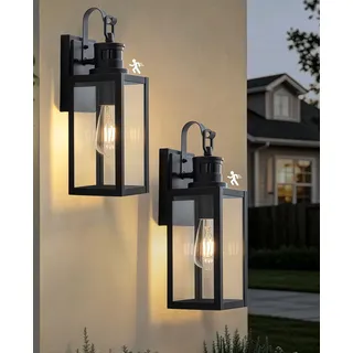 FTL 2er Set Aussen Wandlampe mit Bewegungsmelder, Schwarz Aussenbeleuchtung Hauswand, 3 Beleuchtungsmodi Außenleuchte Wand Aussenleuchte Vintage, E27 Außenlampe mit Dämmerungsschalter für Eingang,IP44