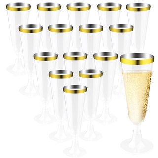 Sektgläser Plastik Champagnerflöten Kunststoff mit Goldrand Wiederverwendbarer Kompaktes Sektglas für Party, Hochzeit, Geburtstag, Picknick, Abschlussfeier 16STK(5OZ/142ml)
