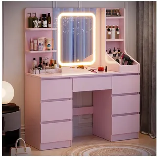 HOMALL Schminktisch Schminktisch Spiegel und LED Mit 7 Schubladen 8 Ablagefächern (Maße: 110 × 40 × 139 cm. Drei einstellbare Farbtemperaturen, schwarzer Schminktisch, Kinderschminktisch, LED-Schreibtischlampe, Schminktisch mit Hocker als Option, für ein perfektes Make-up) rosa