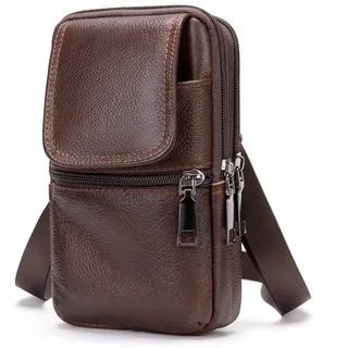 Schultertaschen Handy Leder Herren, Handy Gürteltasche Leder Braun, Vertikal Handytasche zum Umhängen Wasserdichte Reißverschluss Umhängetaschen Leder Hüfttasche Schultertasche mit Gürtelschlaufe - 10.5 x 17.5 x 4 cm / 4.13 x 6.88 x 1.57 inches