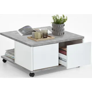 FMD Couchtisch mobil betongrau / hochglanz weiß 70 x 70 x 35 cm