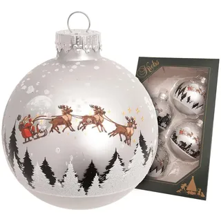 Krebs Glas Lauscha Weihnachtskugeln Santa mit Rentieren Silberfarbig 7cm