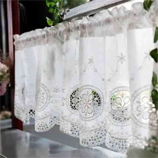 Vordesack Baumwolle Scheibengardine mit Spitzenstickerei Weiß HxB 70x90cm | Kurstore mit Stickerei Blumen Landhausstil Halbtransparente Bistrogardine mit Tunnelzug für Küche, Fenster & Café 1 Stück