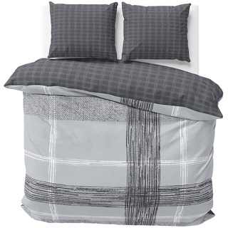 Visaggio Baumwolle Bettwäsche Anthrazit Grau 200x200 cm Wendebettwäsche Streifen Bettbezug Bezug 3 teilig