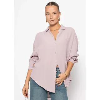SASSYCLASSY Longbluse Oversize Musselin Bluse Damen kurz Langarm Elegant Hemdbluse lang aus Baumwolle mit V-Ausschnitt, One Size (Gr. 36-48) beige|rosa