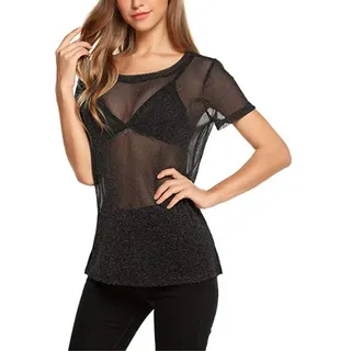 EMOTTOS Damen Sexy Spitze Tops, Sommer Y2K Slim Fit Mesh Durchsichtig Kurze Ärmel Top, Glänzende Damen Rundhalsausschnitt Shirts für Frauen, T-Shirt Damen Clubwear, Alltag, Ausgehen (C1-Schwarz-M) - M