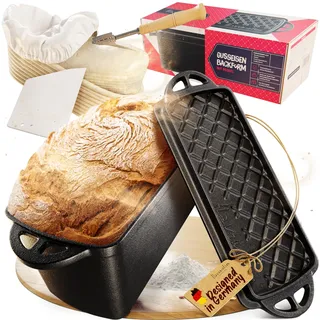 Flavemotion Brotbackform mit Deckel inkl. Gärkorb - Robuste 28cm Backform aus Gusseisen - Ideal als Kastenform, Toastbrot Backform, Brotform, Gusseisen Topf Brot backen Zubehör, Brottopf