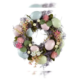KSD Osterkranz mit Dekoeiern & Blumen 23cm Kunststoff Deko Kranz Frühling Ostern Dekokranz Türkranz Wandkranz Frühlingsdeko Osterdeko Bunt Pastell