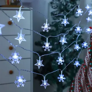 LED Stern Schneeflocke Lichterkette Batteriebetrieben Innen Home Party Weihnachten Hochzeit Deko, Kaltweiß, 3m - Weiß
