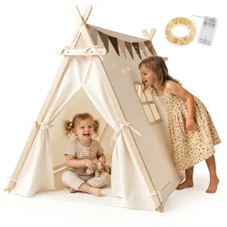 Mamabrum Spielzelt Mamabrum Tipi Zelt für Kinder mit Matte, LED-Lichterkette & Wimpel braun