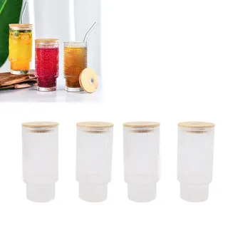 Set Aus Stapelbaren 325-ml-bechern (11 Oz) Für Milch, Kaffee, Cola Oder Bier, Gestreift, Mit Deckel Und Strohhalm.