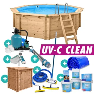 Holzpool Rund Komplettset Massivholz Pool inkl UV-C Klärer Sandfilter Bodensauge