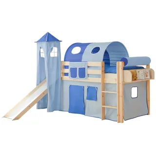 TICAA Hochbett Rutschbett mit Turm Kasper 90 x 200 cm Kiefer natur blau