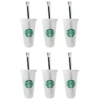 Starbucks Venti wiederverwendbarer Becher mit Deckel und grünem Strohhalm mit Stopfen, 680 ml, 6 Stück