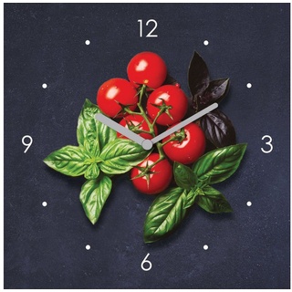 Levandeo® Wanduhr (Wanduhr Glas 20x20cm Tomate Basilikum Uhr Glasbild Küche Küchenbild)