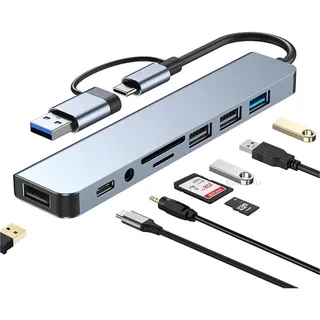 USB C Hub 8 in 1 Adapter – USB 3.0 Multiport, SD/TF Kartenleser, Audio, USB-C