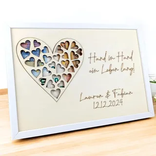 Geldgeschenk Hochzeit - Personalisiertes Holz Herz - Einzigartiges Hochzeitsgeschenk für Brautpaar oder Geschenk Freundin Geburtstagsgeschenk - Text und Datum auswählbar - Bilderrahmen