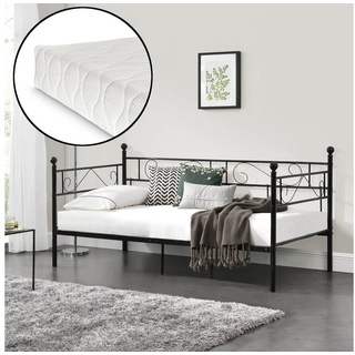 en.casa Metallbett, »Granada« Tagesbett mit Kaltschaummatratze 90 x 200 cm Schwarz schwarz