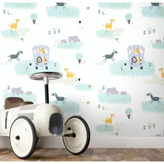 Newroom Vliestapete Tomin Tapete Kinderzimmertapete Tiere,Dschungel,Safari, Weiß Tapete Kinder Tiere - Kinderzimmertapete Dschungeltapete Blau Mint Tropisch Dschungel Safari für Kinderzimmer Jugendzimmer Babyzimmer, Dschungeltapete blau