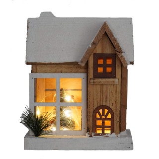 Spetebo LED Holz Weihnachtshaus 26 cm - Weihnachtsdeko Haus Natur/weiß mit 5 LED - Deko Holzhaus Winterhaus beleuchtet