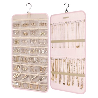 bagsmart Schmuck-Organizer zum Aufhängen, Aufbewahrungsrolle mit Aufhänger, Metallhaken, doppelseitiger Schmuckhalter für Ohrringe, Halsketten, Ringe an Schrank, Wand, Tür, 1 Stück, groß, Rosa