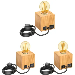 ledscom.de 3x Tischlampe HITO, Holz massiv, eckig, USB, inkl. E27 Lampe gold, max. 778lm, 3-Stufen, extra-warmweiß