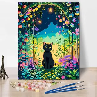 TISHIRON Schwarze Katze Malen nach Zahlen Tier Garten Landschaft Kits DIY Malen nach Zahlen für Anfänger Mädchen Lustige Zahlen Malerei Geschenke für Der salon die Schlafzimmerdekoration 16x20 Zoll