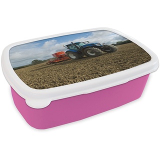 MuchoWow Lunchbox Traktor - Blau - Landleben - Wolken, Kunststoff, (2-tlg), Brotbox für Erwachsene, Brotdose Kinder, Snackbox, Mädchen, Kunststoff rosa