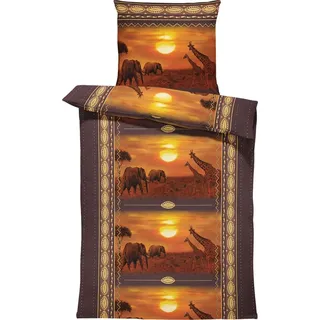 4 teilig Bettwäsche 135x200 cm Afrika Safari Elefanten Giraffen braun Microfaser - Braun