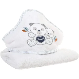 Eurofirany Design91 Handtuch Baby Babyhandtuch Kapuze Weiß Blau Handtücher 75x75 cm Kinderhandtuch Kindermotiv Teddybär Teddy Junge Badezimmer Weich Süß Kuschelig