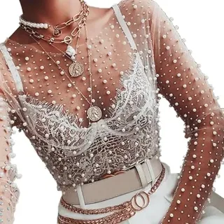 Myazs Kurzes Oberteil mit langen Ärmeln aus durchsichtigem Mesh mit glänzenden Perlen für Damen - Rundhalsausschnitt - Dünnes Hemd - Für Party, Disco, Feier, Club, weiß, Small - S