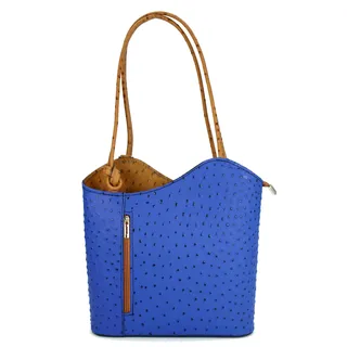 Belli italienische Ledertasche Backpack Classic 2in1 Damen Rucksack Leder Handtasche made in italy Schultertasche - 28x28x8 cm (B x H x T) (Royalblau Cognac Strauss) - 28x28x10 cm