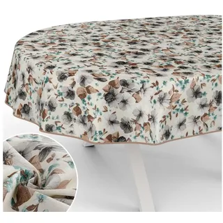 ANRO Tischdecke mit Blumen Botanik aus Stoff Tischwäsche mit Beschichtung Tischtuch (Einzelstück 1-tlg), auch als Gartentischdecke - mit Schutzschicht beige Oval | 140 cm x 240 cm x 0.3 mm