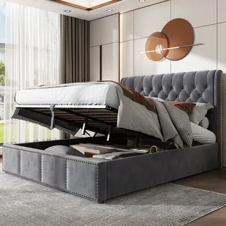 Flieks Polsterbett 180x200cm mit Lattenrost, Hydraulisches Boxspringbett mit Bettkasen und Kopfteil, Stauraumbett Funktionsbett Doppelbett Samt - Grau