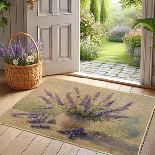 Fußmatte mit Lavendel-Blumenmuster, für Innen- und Außenbereich, rustikale Gartendekoration, Gummi, wasserdicht, rutschfest, staubabsorbierend, leicht zu reinigen, 73 x 43 cm