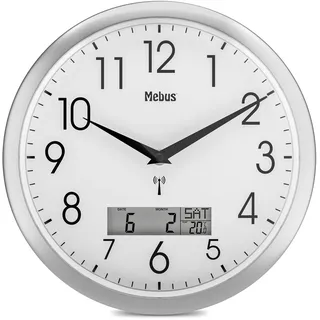 Mebus Funk-Wanduhr mit digitaler Anzeige Ø30cm - silber|weiß