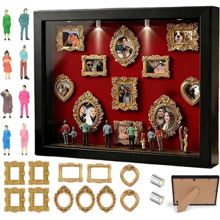 Pipihome DIY Mini Museum Bilderrahmen, Mini Figuren Menschen Museum Silhouette Box mit LED Licht & Golden Rahmen, Miniatur Menschen Bilderrahmen für Deko Wohnzimmer Schlafzimmer Jahrestag Hochzeit