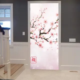 A.Monamour Türtapete Selbstklebend Türfolie Türposter 3D Japan Kirschzweig Mit Blühenden Rosa Blumen Sakura Blumen Vinyl Folie Türdeko Tapete Wandbild Türaufkleber Türtattoo 90 x 200 cm