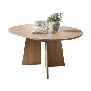 yourhouse24 Esstisch Runder ELENA ausziehbar 120-160 cm Eiche Japandi Design, Synchronauszug, interne Einlegeplatte, stabiles Kreuzgestell beige