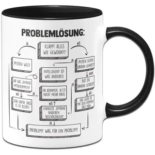Tassenbrennerei Tasse mit Spruch Problemlösung auf der Arbeit im Büro - Kaffeetasse lustig - Geschenk für Arbeitskollegen - Spülmaschinenfest (Schwarz)