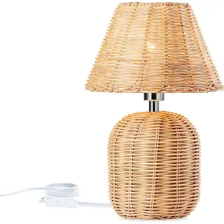 Tischlampe Rattan aus Bambus E14 Nachttischlampe mit Stecker und Schalter Retro Natur Leselampe Handgefertigte Gewebte Laternenschirm Tischleuchte mit 1.5M Kabel für Schlafzimmer Wohnzimmer Esszimmer