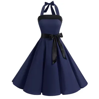 Timormode Damen Vintage Cocktailkleid Knielang Neckholder Swing Retro Rockabilly Kleid XL Marineblau - XL