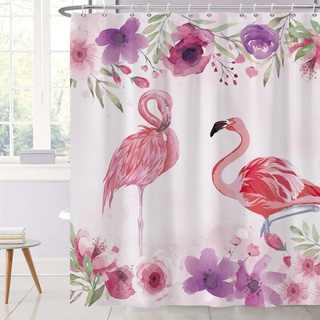 Ttincceer 183x213cm Flamingo Duschvorhang Aquarell Blume Tropisches Tier Badvorhang Rot Paar Flamingo Duschvorhänge Wasserdicht Badewanne Vorhang mit Haken